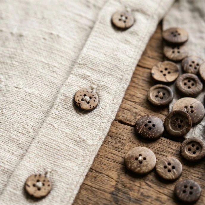 creaco-sustainable-mens-shirt-coconut-shell-buttons Close-up shot of natural, polished coconut shell buttons on a premium handloom khadi cotton shirt, highlighting Creaco's eco-friendly details.