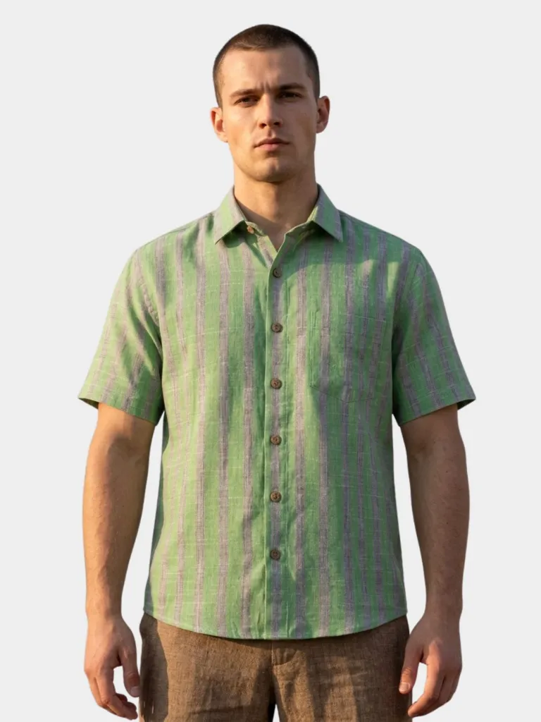 green-half-sleeves-stripes-khadi-cotton-shirt-for-men.webp
