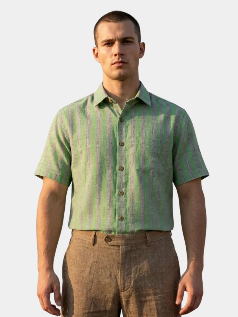 stripes-patterned-green-half-sleeves-khadi-cotton-shirt-for-men.webp