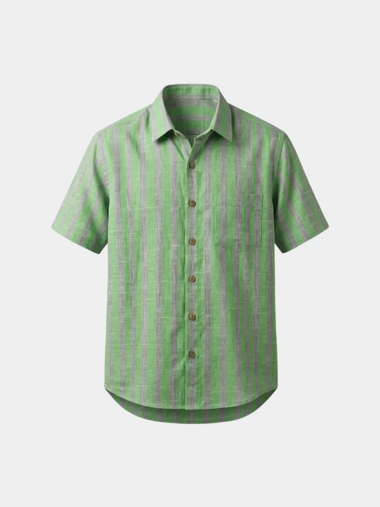 Grey Green Striped Half Sleeve Khadi Cotton Shirt (S)