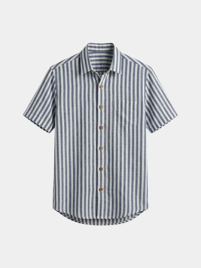 Navy White Striped Half Sleeves Khadi Shirt (S)