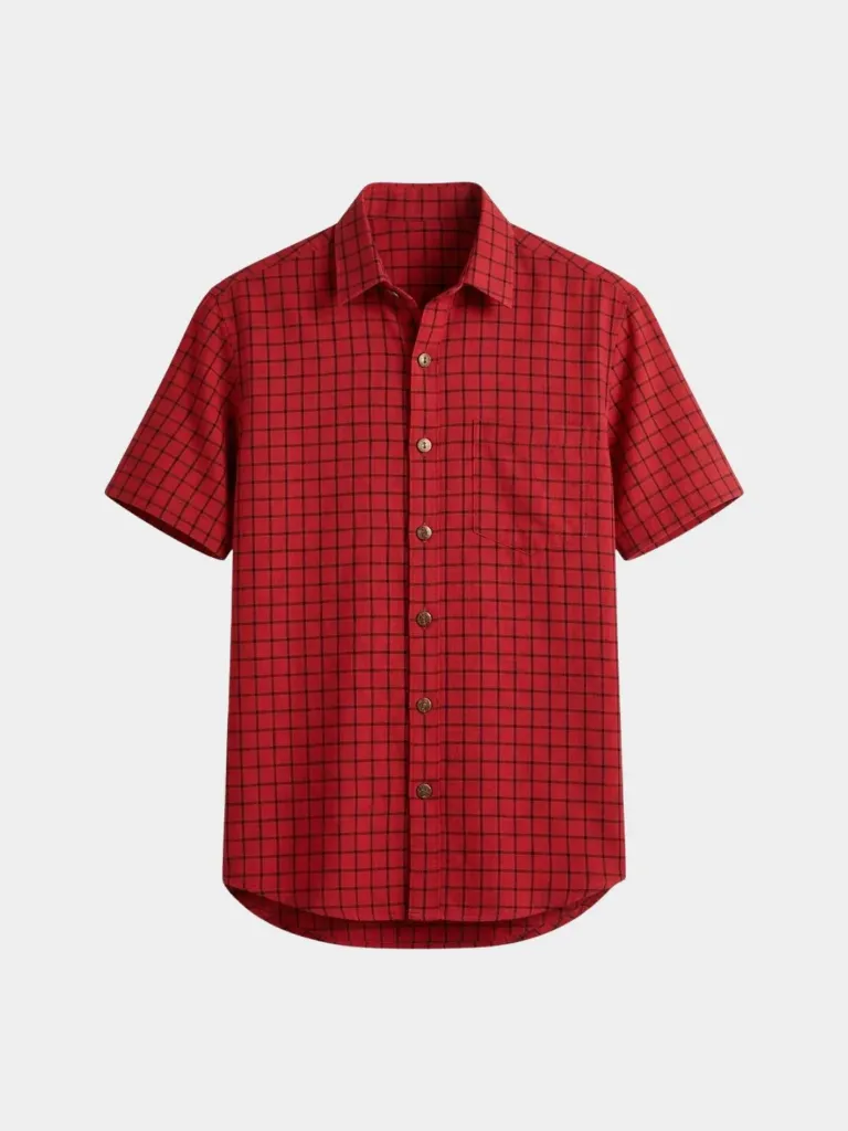 Red Black Checked Half Sleeves Khadi Shirt (S)