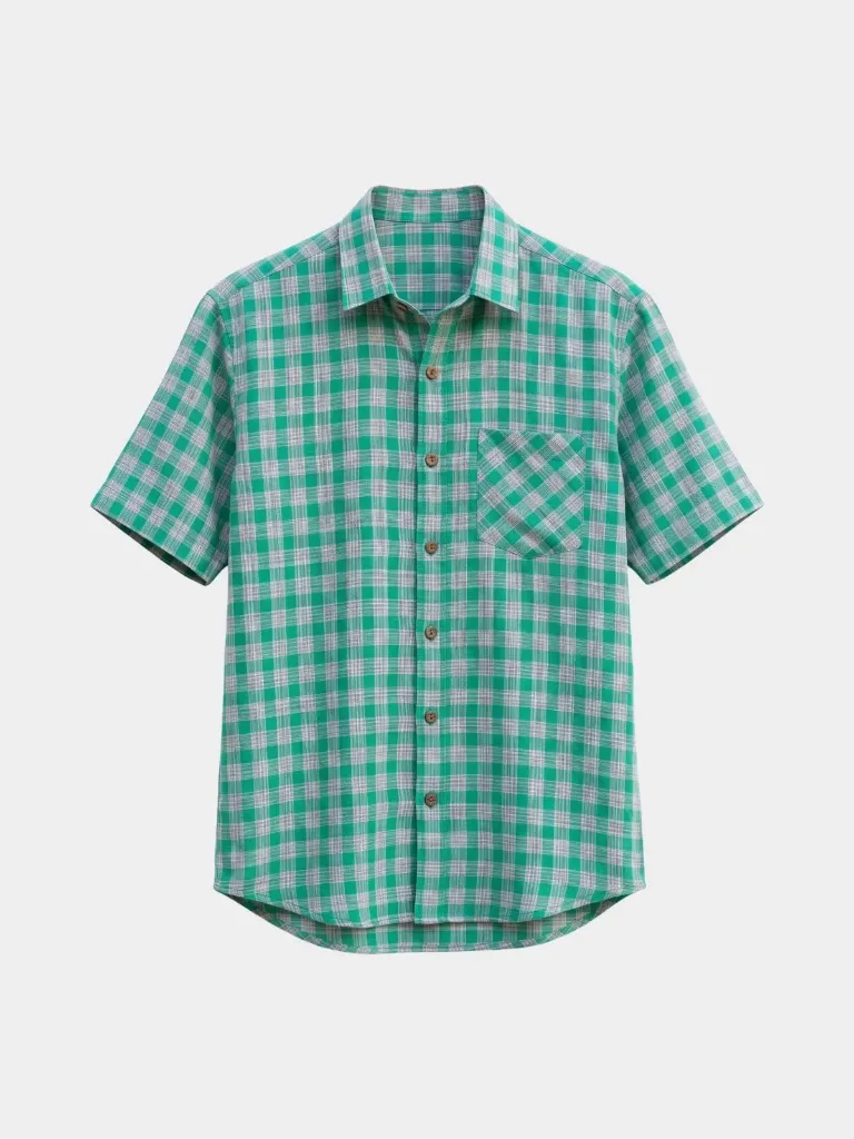 Green Checks Half Sleeves Khadi Shirt (S)