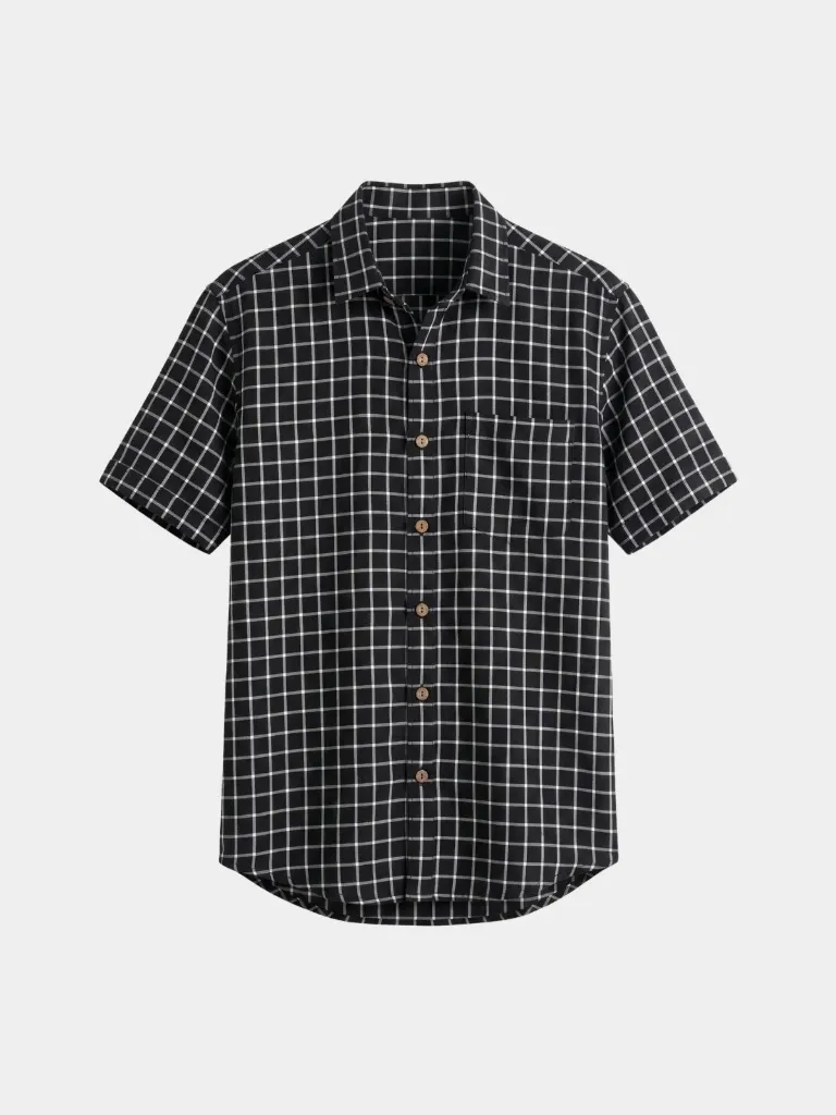 Black White Checks Half Sleeves Khadi Shirt