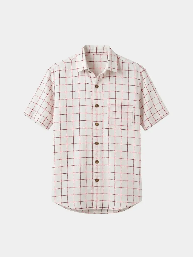Red White Checks Half Sleeves Khadi Shirt