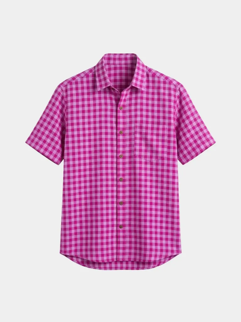 Pink Checks Half Sleeves Khadi Shirt (S)