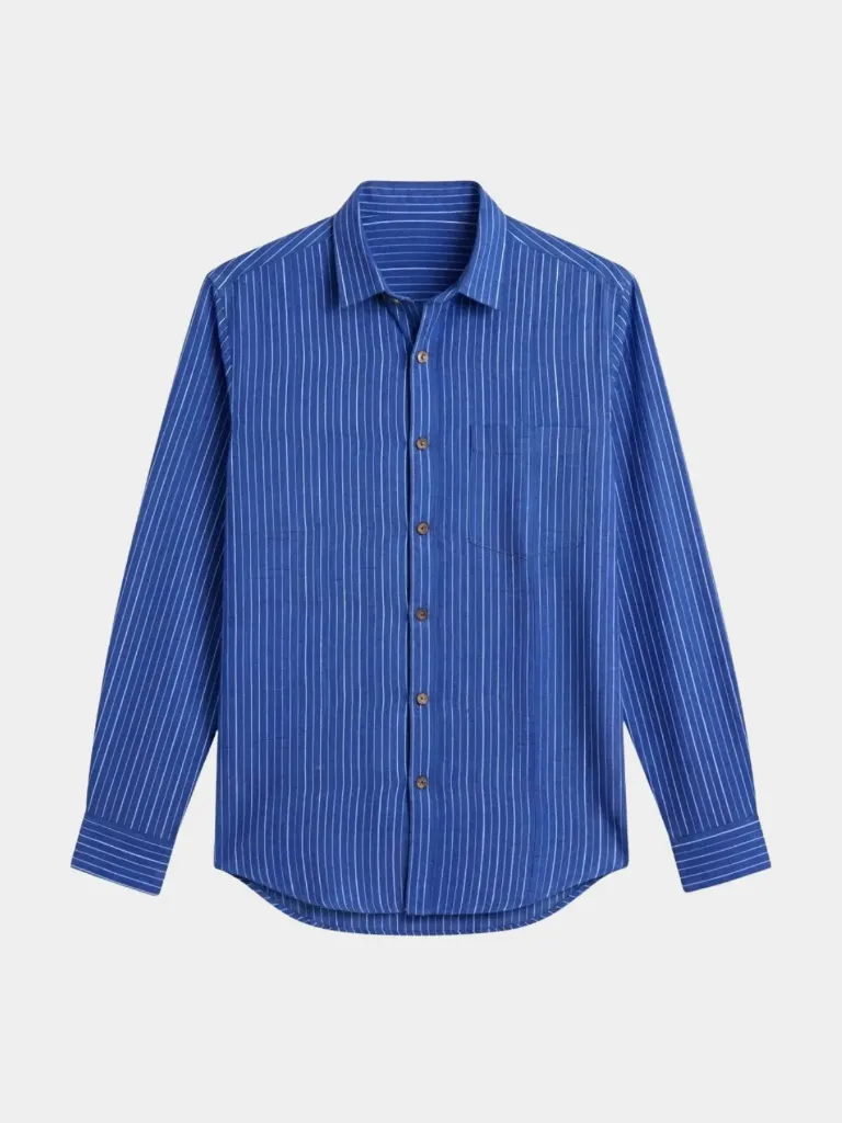 Royal Blue Striped Full Sleeve Khadi Shirt (S)