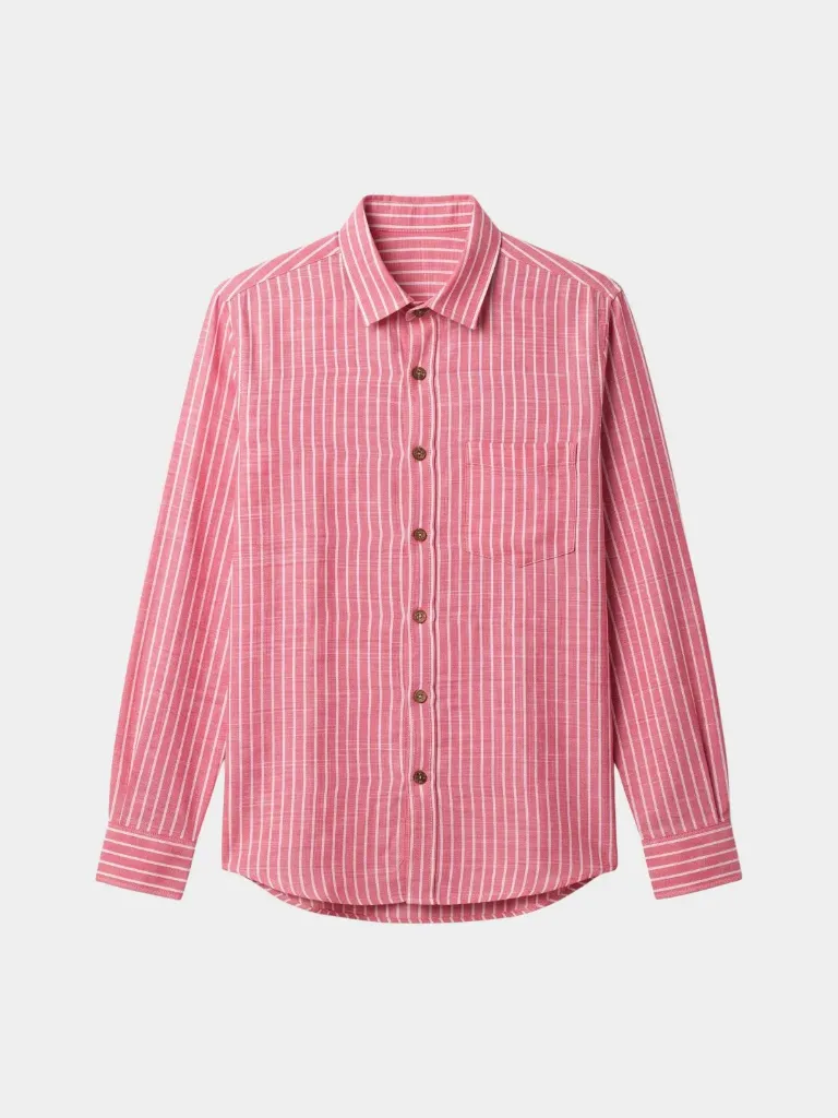 Salmon Red Striped Full Sleeve Khadi Shirt (S)