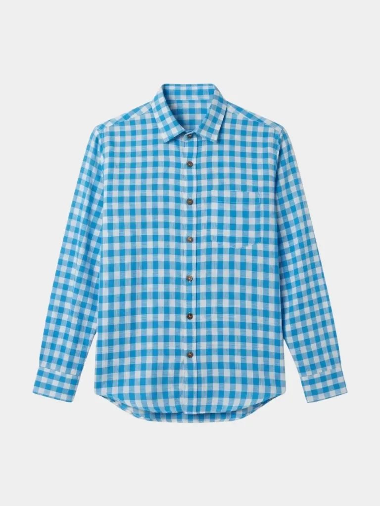Blue Gingham Checked Full Sleeve Khadi Shirt (S)