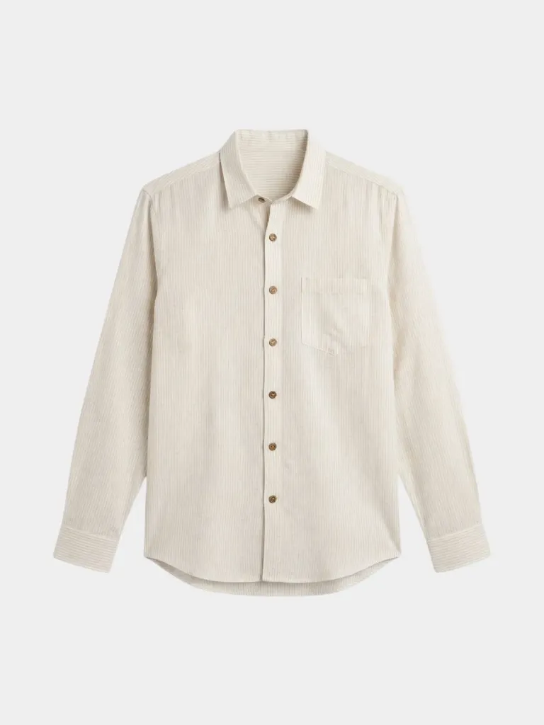 Beige Striped Full Sleeve Khadi Shirt (S)