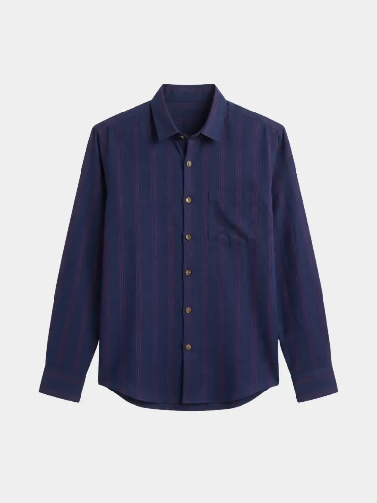Navy Blue Striped Full Sleeve Khadi Shirt (S)