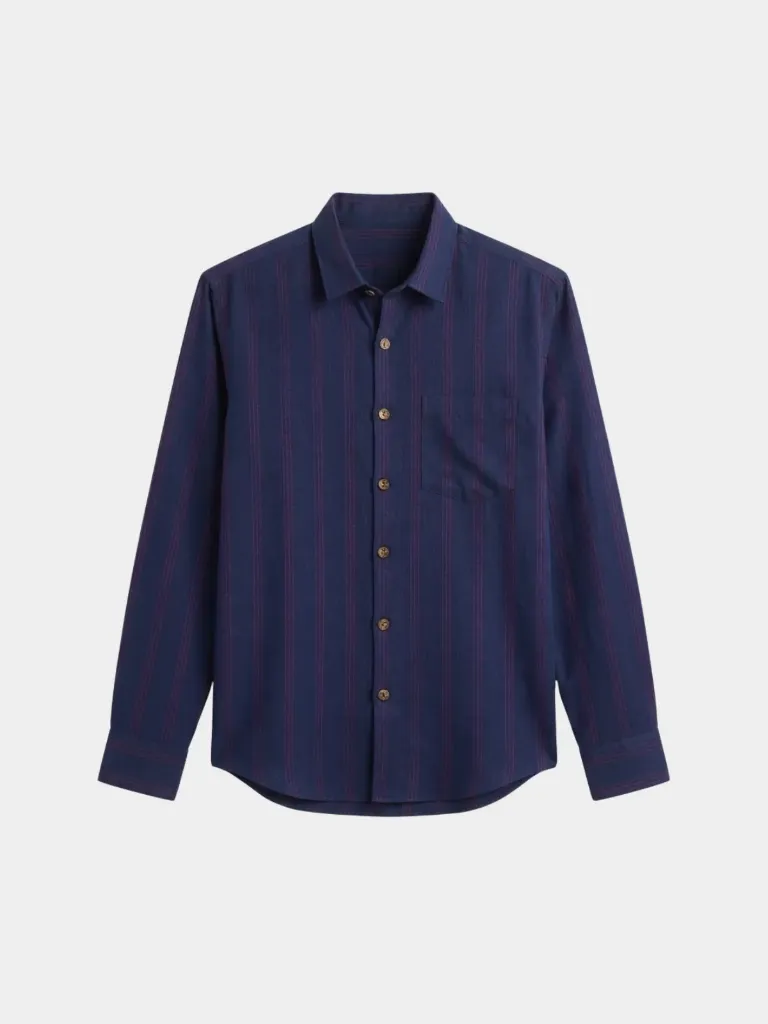Navy Blue Striped Full Sleeve Khadi Shirt