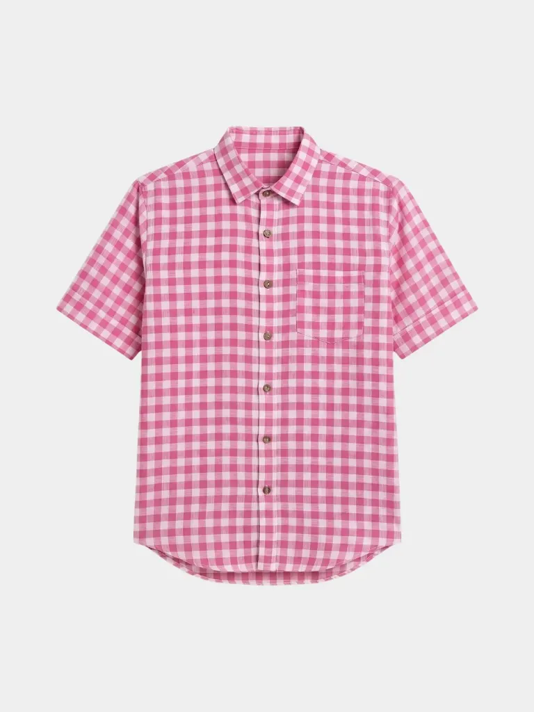 Pink Gingham Check Half Sleeve Khadi Shirt